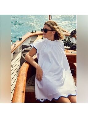 Lake Pajamas Pario Dress White Blue Scallop Trim Cotton Small